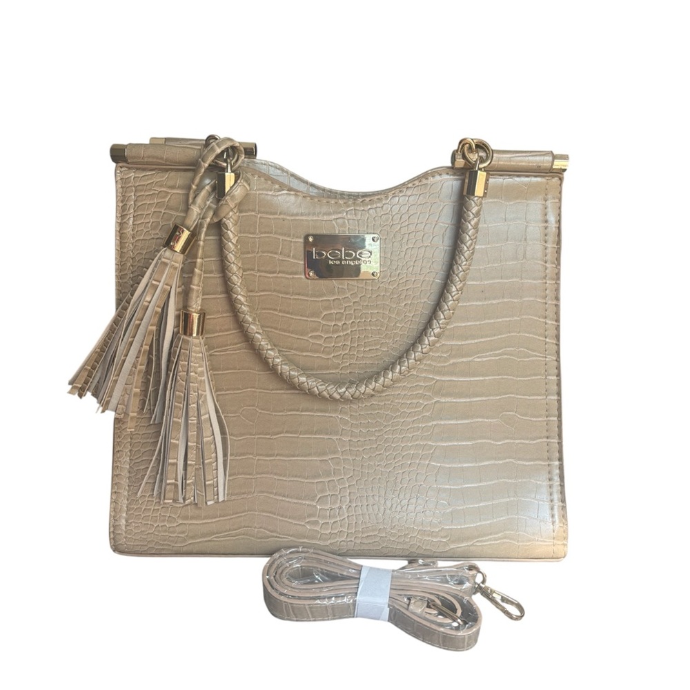 bebe Taupe Croc-Embossed Satchel with Tassels